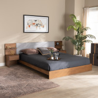 Baxton Studio MG-0052-Light GreyAsh Walnut-Queen Baxton Studio Sami Modern and Contemporary Light Grey Fabric Upholstered and Walnut Brown Finished Wood Queen Size Platform Storage Bed with Built-In Nightstands